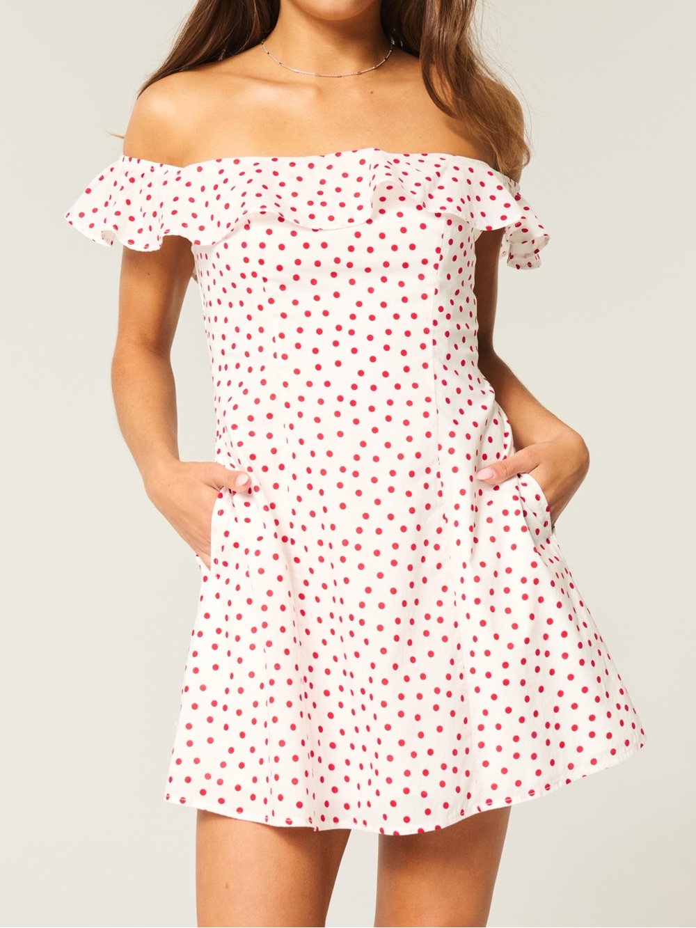 Hollister off the shoulder a-line ruffle polka dot mini dress